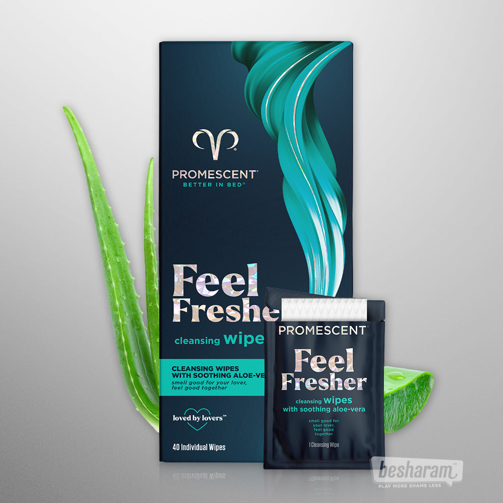 Promescent Feel Fresher cleansing wipes box and sachet shown with aloe vera leaves in the background.