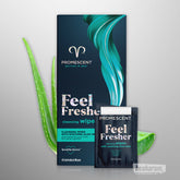 Promescent Feel Fresher cleansing wipes box and sachet shown with aloe vera leaves in the background.