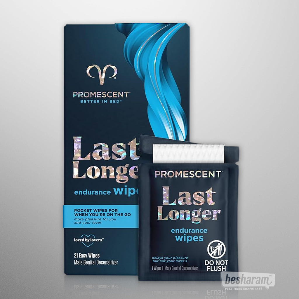 Promescent Last Longer endurance wipes box (21 easy wipes) with sachet and wipe partially pulled out.