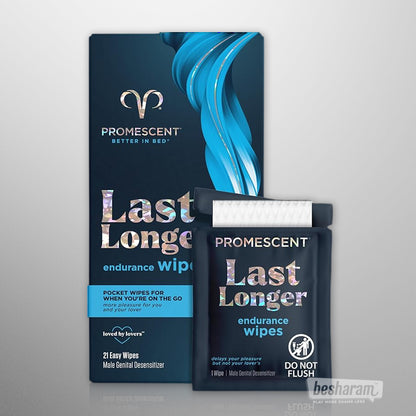 Promescent Last Longer endurance wipes box (21 easy wipes) with sachet and wipe partially pulled out.