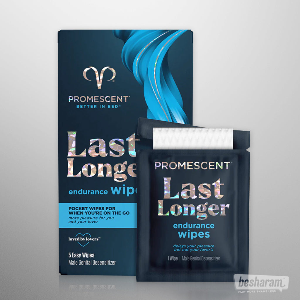 Promescent Last Longer endurance wipes box (5 easy wipes) with a sachet in front on a white background