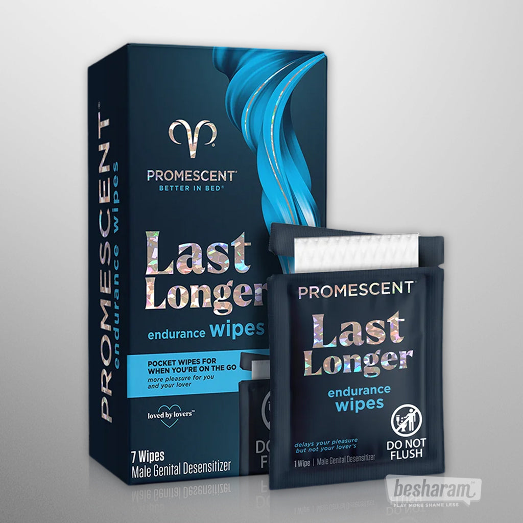 Promescent Last Longer endurance wipes box (7 wipes) with a single sachet shown in front.