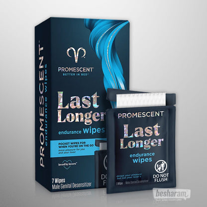 Promescent Last Longer endurance wipes box (7 wipes) with a single sachet shown in front.