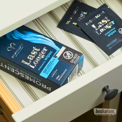 Promescent Last Longer endurance wipes box and two sachets stored inside an open drawer.