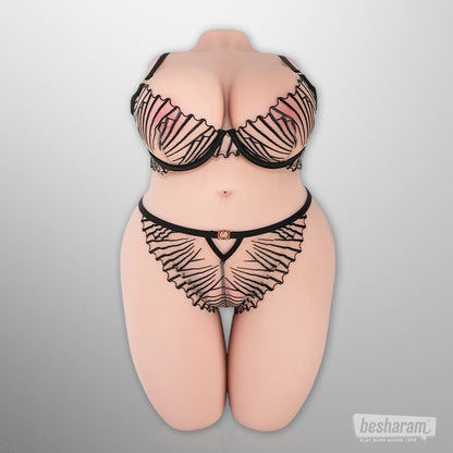 Front view of the torso doll wearing matching black lace bra and panties.