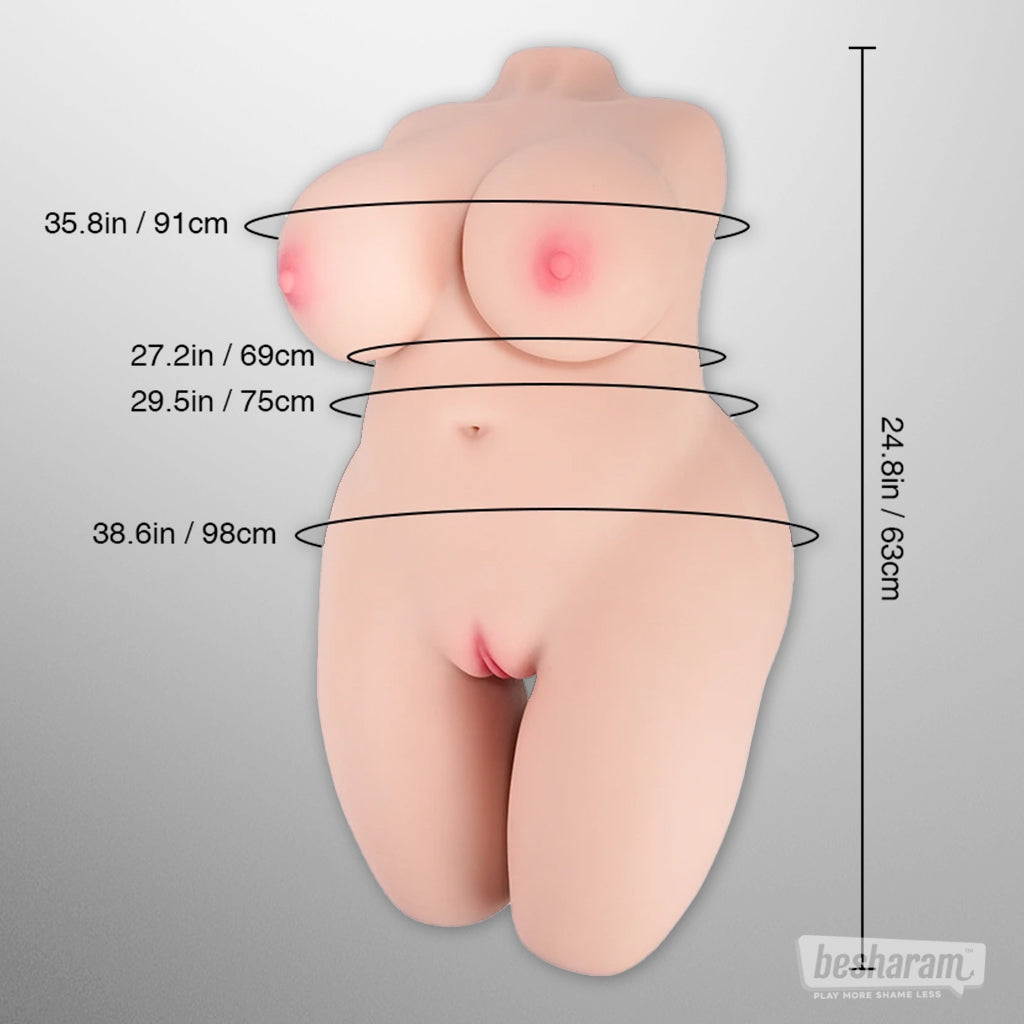 Size chart showing bust, waist, hip, and height dimensions of the realistic torso doll.