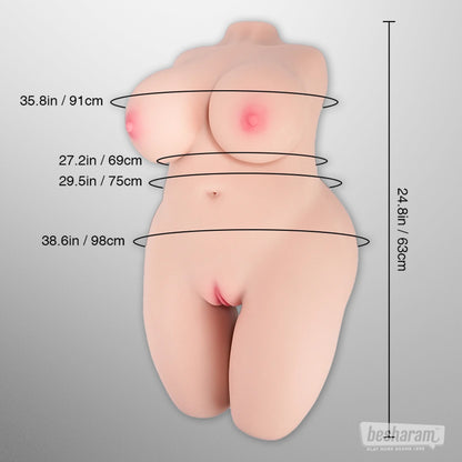 Size chart showing bust, waist, hip, and height dimensions of the realistic torso doll.