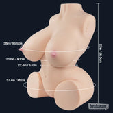 Diagram of the realistic torso doll showing bust, waist, hip, and height measurements labeled in inches and centimeters.