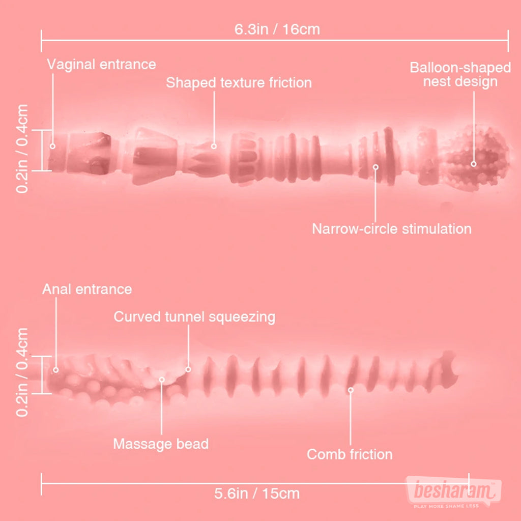 Internal texture diagram showing the structure of the vaginal and anal tunnels, including ridges, beads, and stimulation zones.