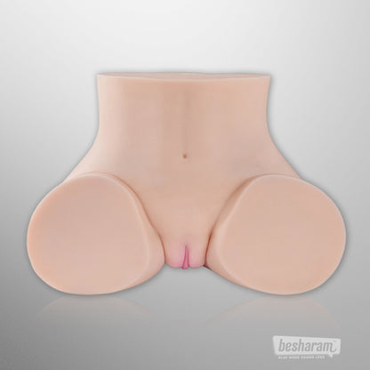 Front view of realistic torso sex doll isolated on neutral background