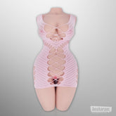 Realistic torso doll wearing a pink cut-out lingerie dress, showing curvy waist and hips.