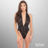 Front view of black lace plunge teddy with deep V neckline, sheer mesh panels, and halter neck design