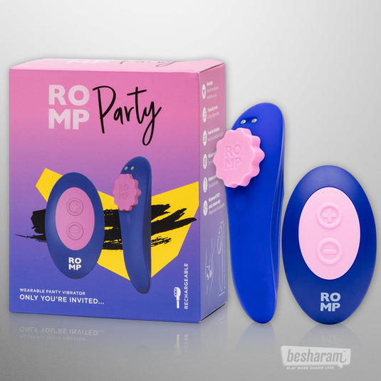 ROMP Party panty vibrator retail box with vibrator and remote displayed outside