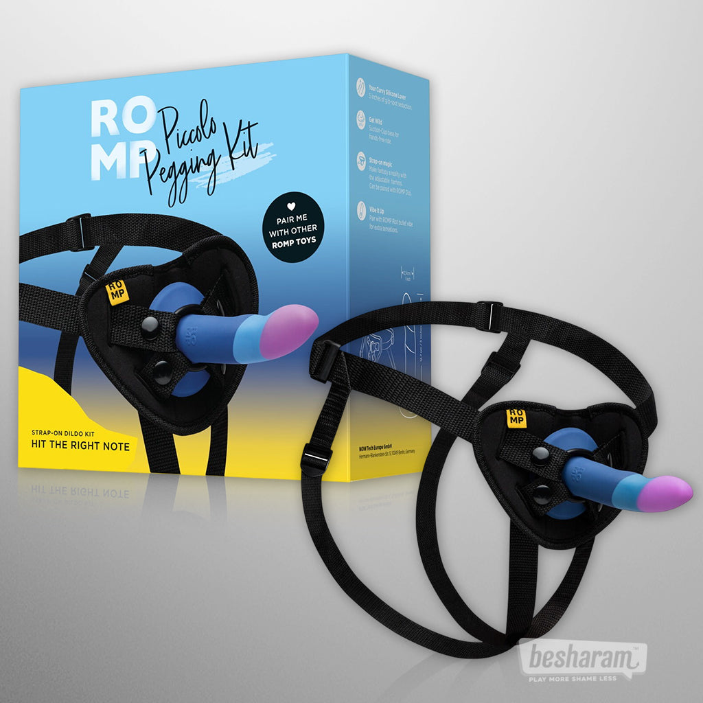 ROMP Piccolo pegging kit box with adjustable harness and strap on dildo