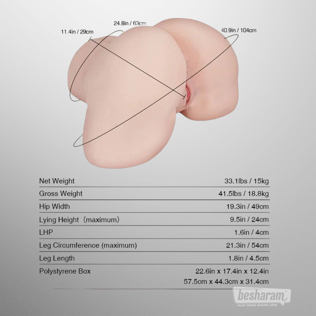 Measurement chart showing dimensions and weight of torso sex doll