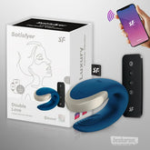 Satisfyer Double Love couples vibrator in blue with packaging box and remote control, app-enabled Bluetooth device for partner play