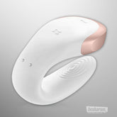 Angled view of Satisfyer Double Love app controlled couples vibrator in white and rose gold

