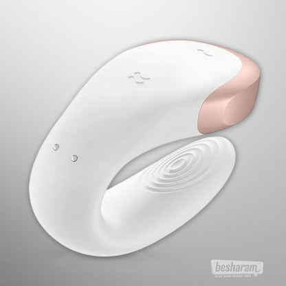 Angled view of Satisfyer Double Love app controlled couples vibrator in white and rose gold
