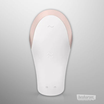 Top view of Satisfyer Double Love app controlled couples vibrator in white and rose gold
