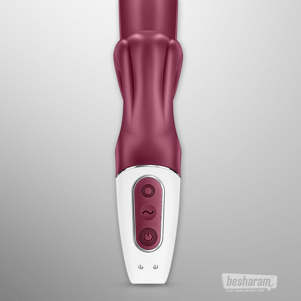 Close up detail of control panel on Satisfyer Love Me rabbit vibrator in red
