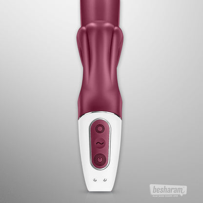 Close up detail of control panel on Satisfyer Love Me rabbit vibrator in red
