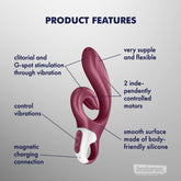Feature diagram of Satisfyer Love Me rabbit vibrator showing dual motors, flexible tip, and magnetic charging

