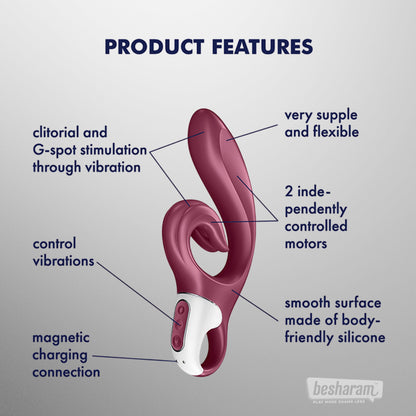 Feature diagram of Satisfyer Love Me rabbit vibrator showing dual motors, flexible tip, and magnetic charging

