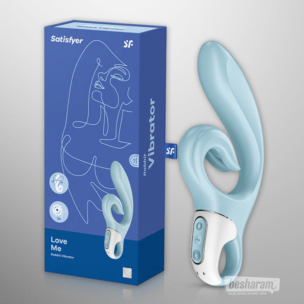 Satisfyer Love Me rabbit vibrator in light blue with retail box packaging
