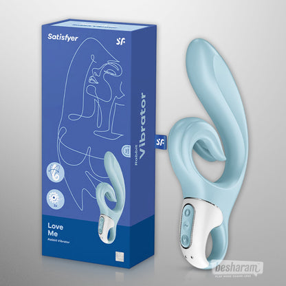 Satisfyer Love Me rabbit vibrator in light blue with retail box packaging

