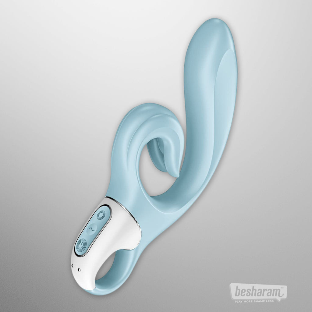 Main product view of Satisfyer Love Me rabbit vibrator in light blue silicone