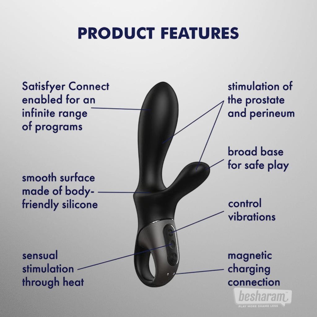 Satisfyer Heat Climax+ anal vibrator with labeled feature callouts including prostate stimulation, perineum arm, heat function, silicone surface, vibration control, and magnetic charging.