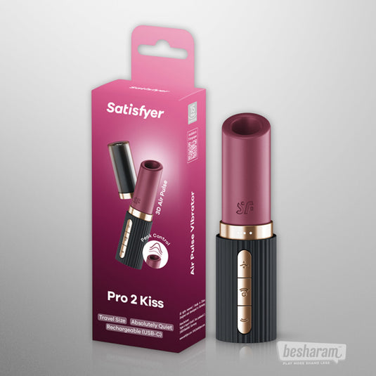 Satisfyer Pro 2 Kiss lipstick vibrator displayed next to its retail packaging, showing compact design and product branding.