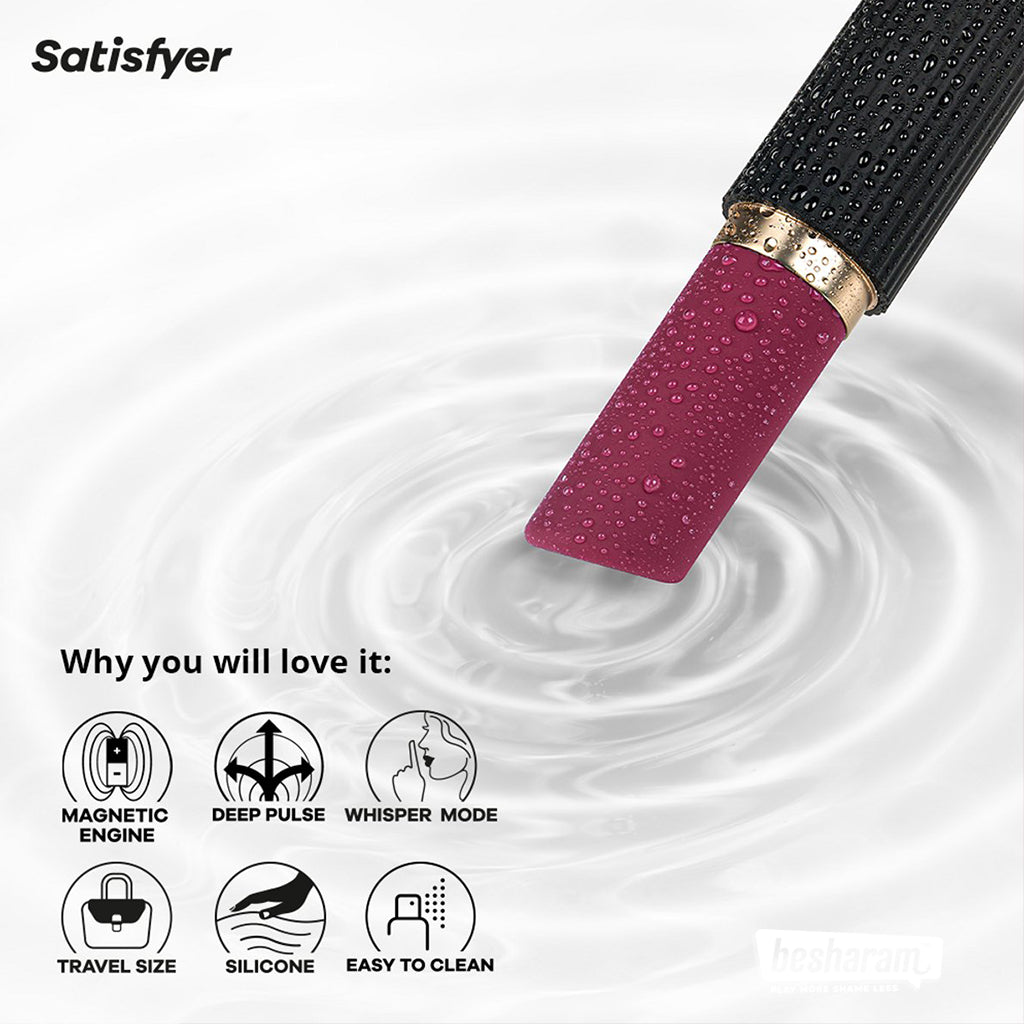 Waterproof Satisfyer Pro 2 Kiss lipstick vibrator shown in water with icons highlighting deep pulse, whisper mode, silicone body, and travel size.