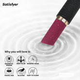 Waterproof Satisfyer Pro 2 Kiss lipstick vibrator shown in water with icons highlighting deep pulse, whisper mode, silicone body, and travel size.