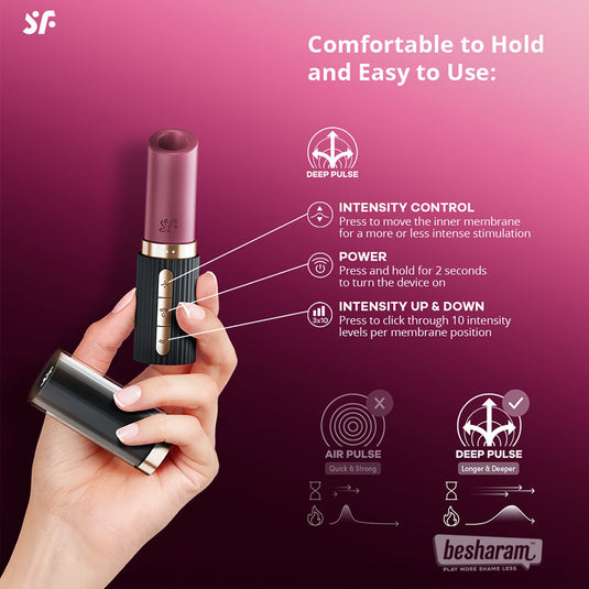 Hand holding the Satisfyer Pro 2 Kiss lipstick vibrator with labeled buttons and feature highlights explaining intensity and pulse controls.
