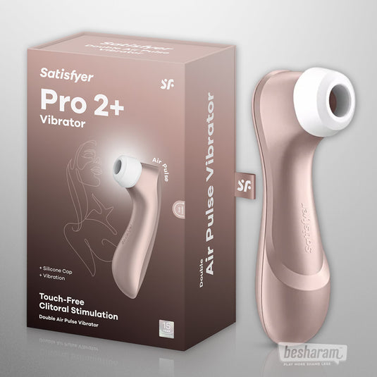 Satisfyer Pro 2 Plus air pulse vibrator in rose gold with silicone cap shown next to retail box, touch-free clitoral stimulation design