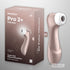 Satisfyer Pro 2 Plus air pulse vibrator in rose gold with silicone cap shown next to retail box, touch-free clitoral stimulation design