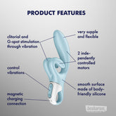 Feature diagram of Satisfyer Touch Me rabbit vibrator showing flexible tip, dual motors, and magnetic charging
