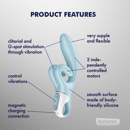 Feature diagram of Satisfyer Touch Me rabbit vibrator showing flexible tip, dual motors, and magnetic charging
