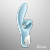 Side view of Satisfyer Touch Me rabbit vibrator in light blue silicone
