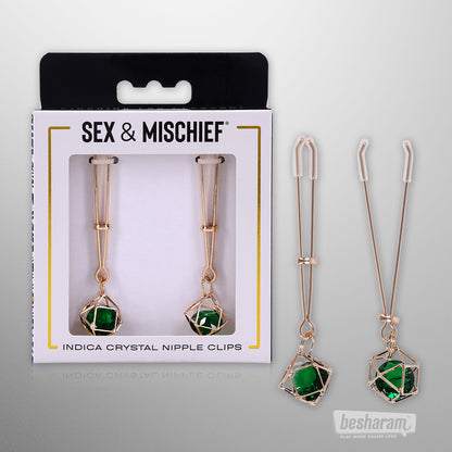 Sex &amp; Mischief Indica crystal nipple clips shown in original retail packaging