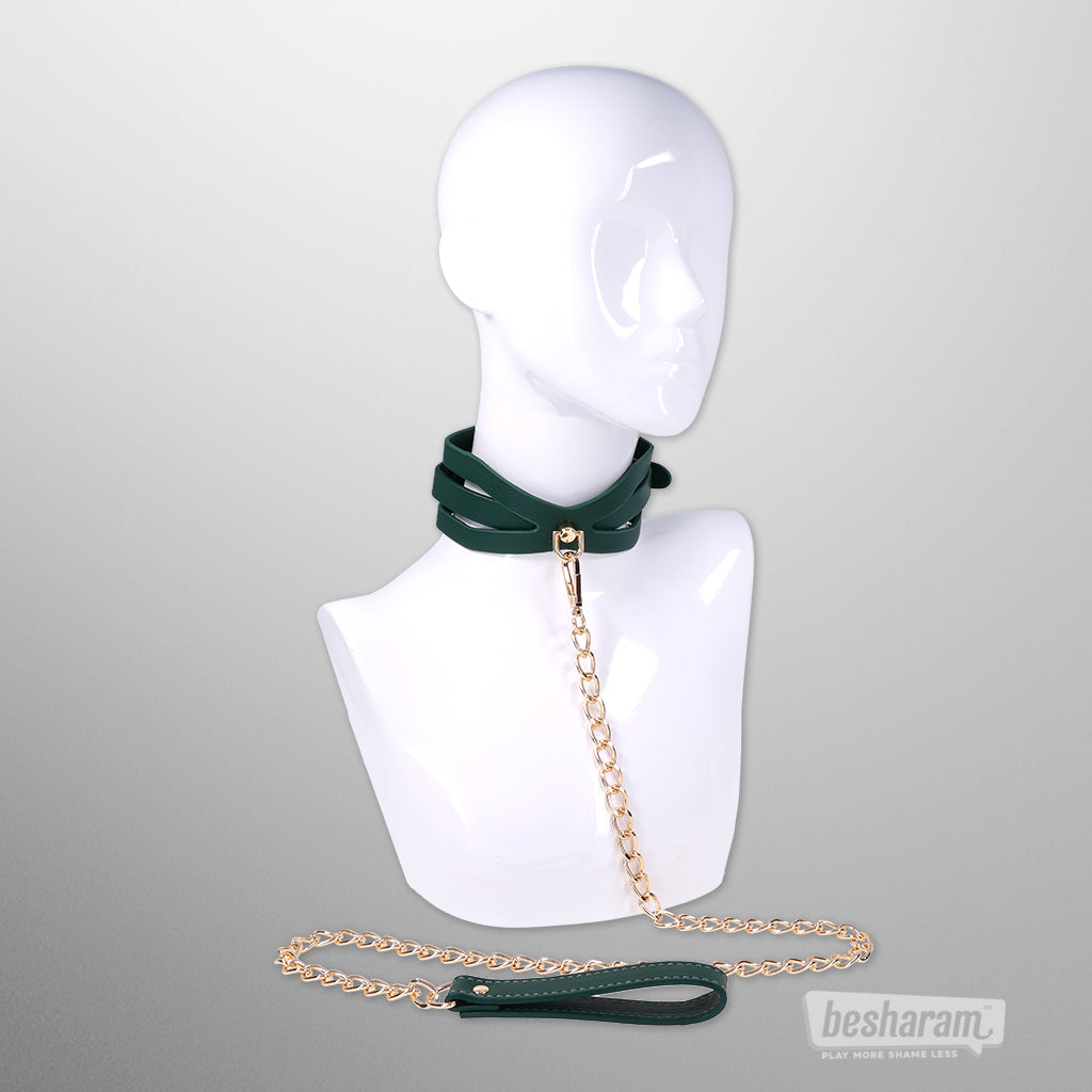 Indica cutout collar with gold chain leash worn on mannequin by Sex &amp; Mischief