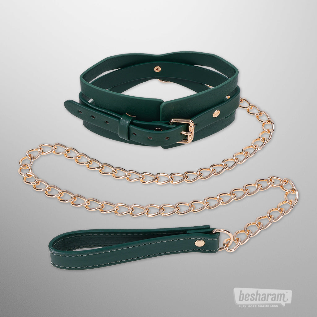 Green cutout collar with gold chain leash by Sex &amp; Mischief