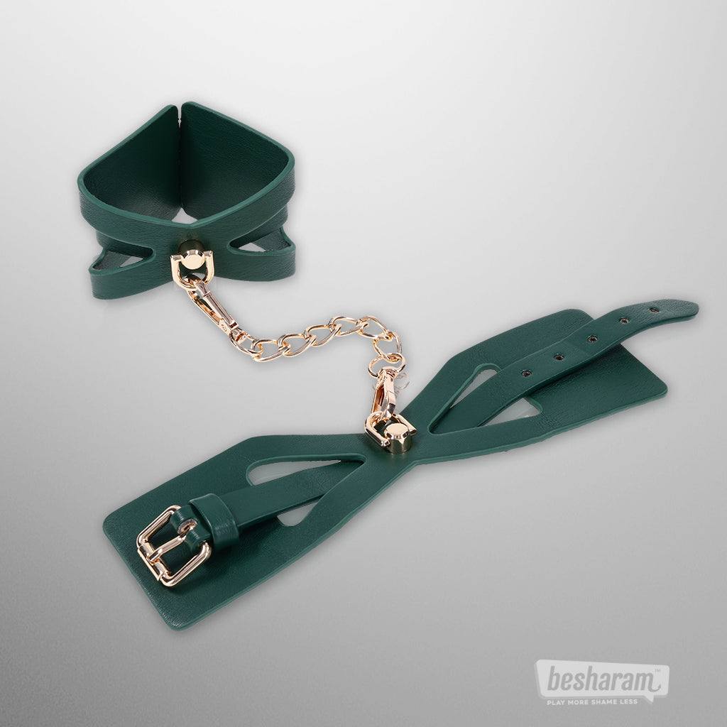 Green Indica cutout cuffs with gold hardware by Sex &amp; Mischief