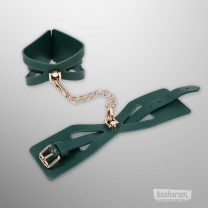 Green Indica cutout cuffs with gold hardware by Sex &amp; Mischief