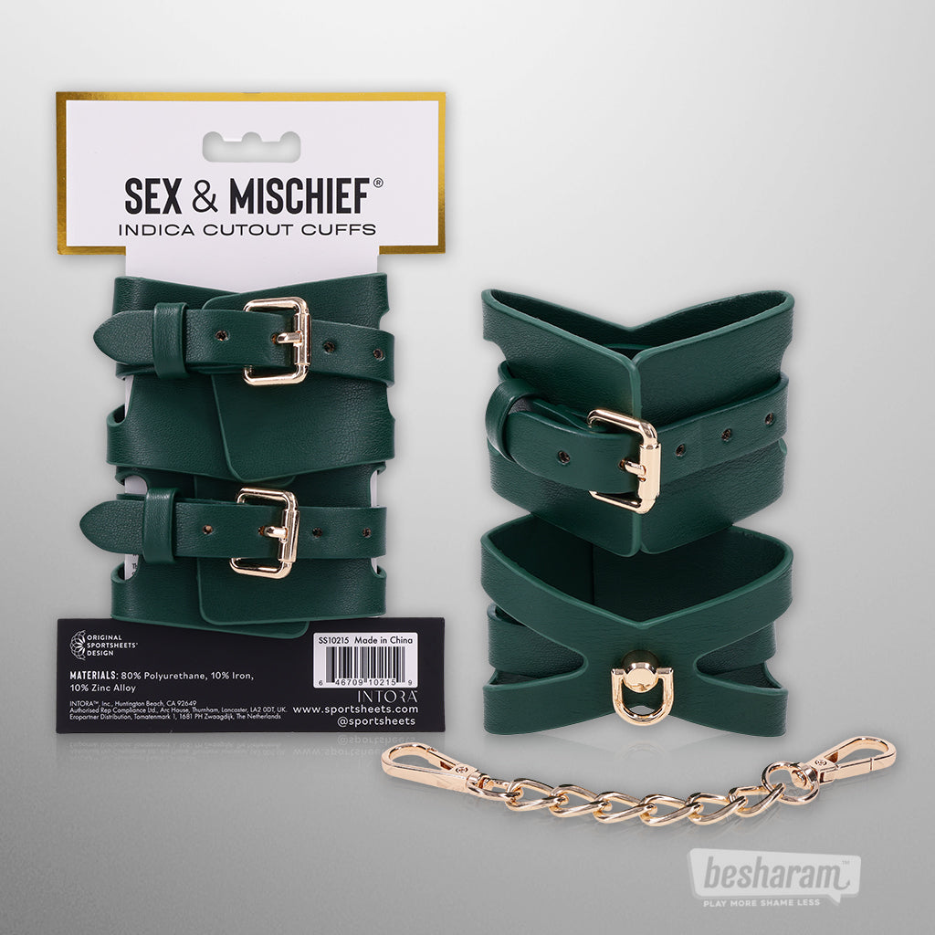 Sex &amp; Mischief Indica cutout cuffs displayed in original retail packaging