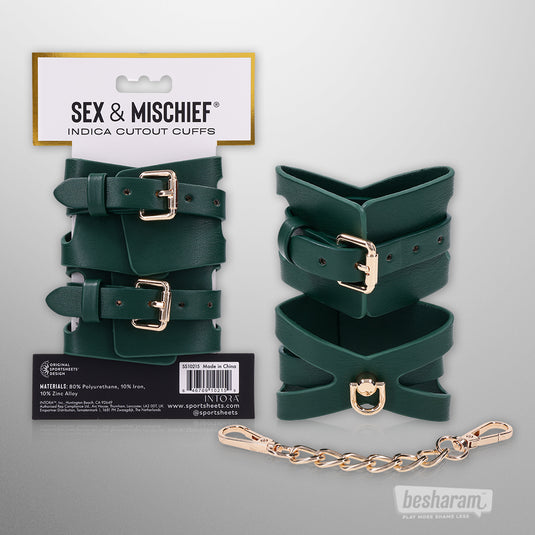 Sex & Mischief Indica cutout cuffs displayed in original retail packaging