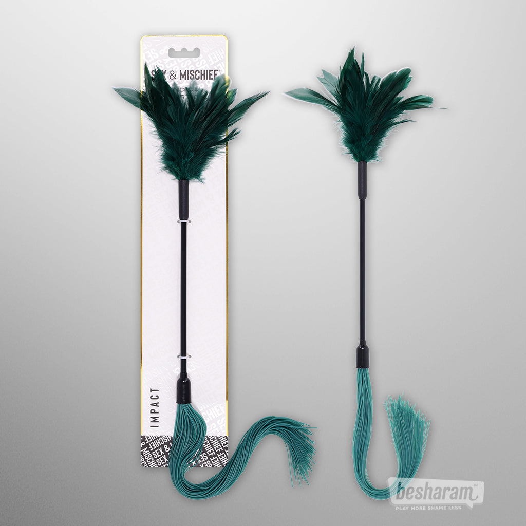 Sex &amp; Mischief Indica Dual Impact feather tickler shown with retail packaging and detachable flexible strand end