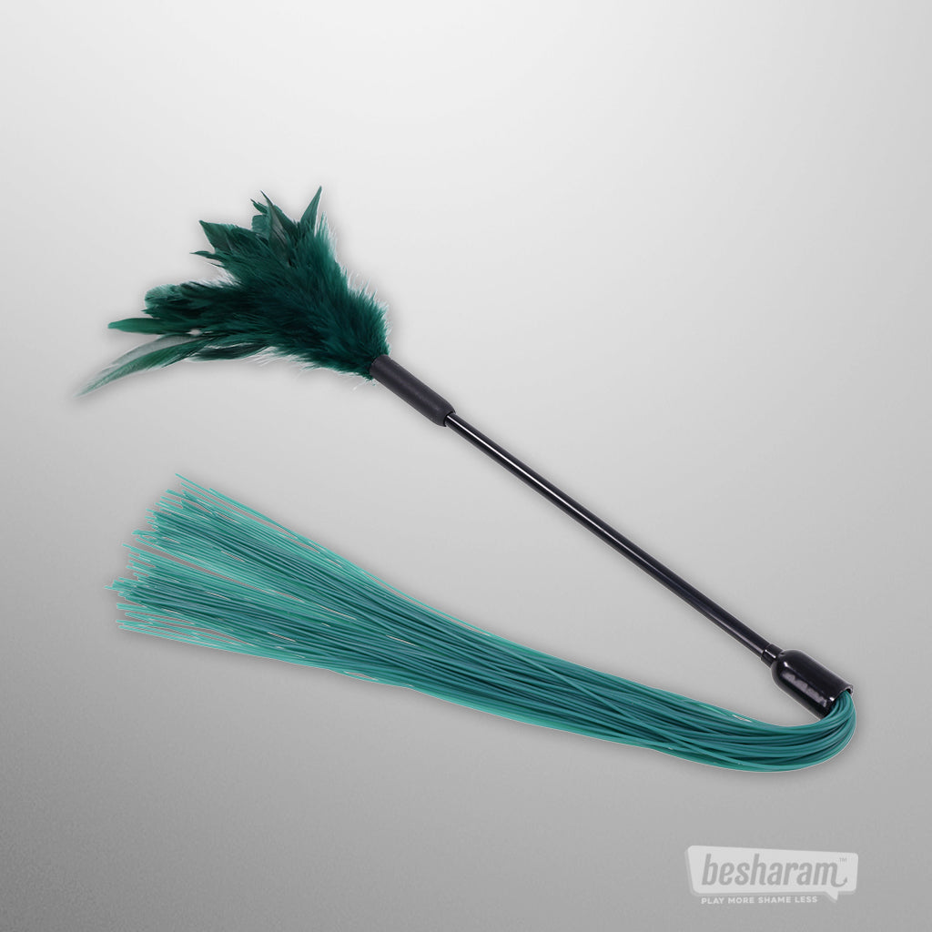 Dual ended feather and flexible strand tickler with green feathers and slim black handle for sensory playAlt text: Dual ended feather and flexible strand tickler with green feathers and slim black handle for sensory play