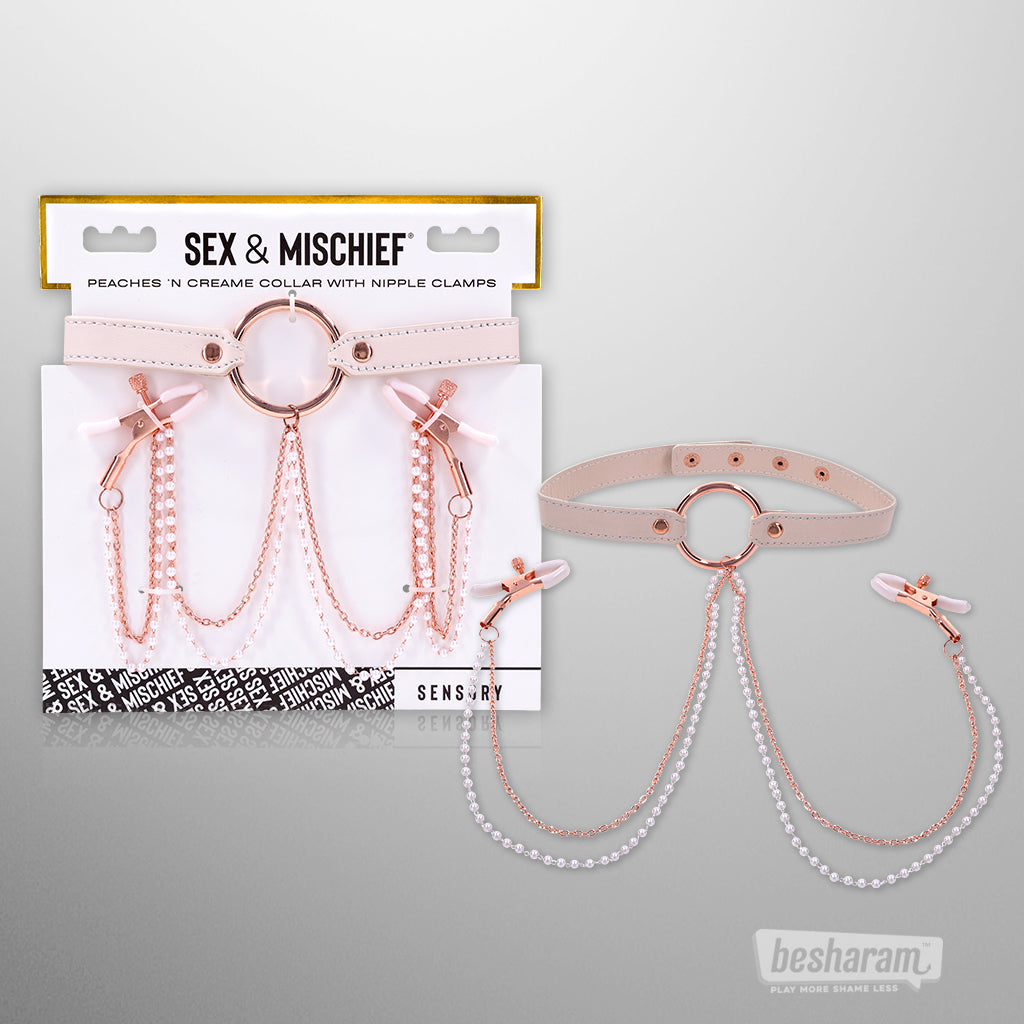Sex &amp; Mischief Peaches ’N’ Creme collar with nipple clamps shown in retail packaging